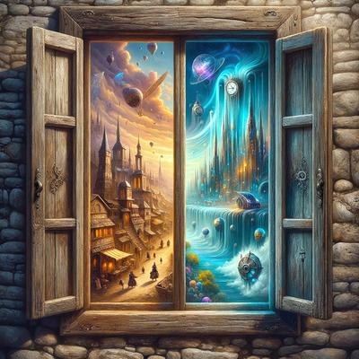 The primary subject of the image is a window with a painting of a city on it. The setting is a cityscape, and the visual style is a painting or illustration. The colors and mood of the image are vibrant and lively, with a focus on the city's architecture and the people within it.